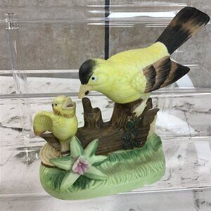 Vintage Porcelain Figurine Yellow Goldfinches Mama Bird Feeding Hatchling Flaw